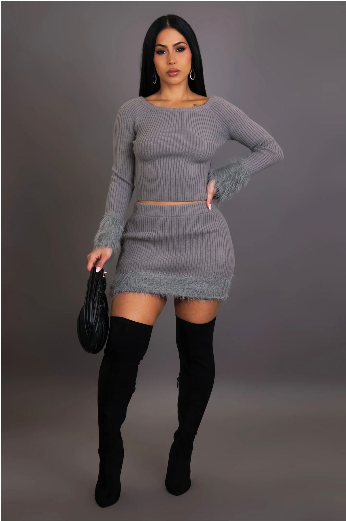 Sweater Weather Skirt Set - Gray